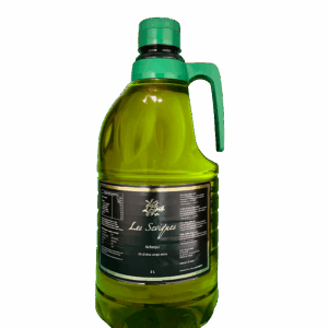 2 liter bottle of Arbequin extra virgin olive oil "Les Seviques" with green handle.