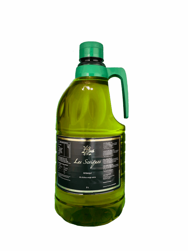 Bouteille de 2 litres d'huile d'olive extra vierge Arbequin "Les Seviques" avec anse verte.